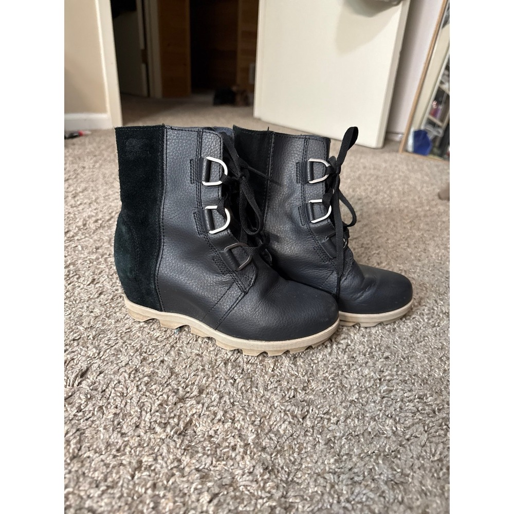 Sorel Joan of Arctic Wedge II Black Leather Suede Lace Up Boots Kids 6